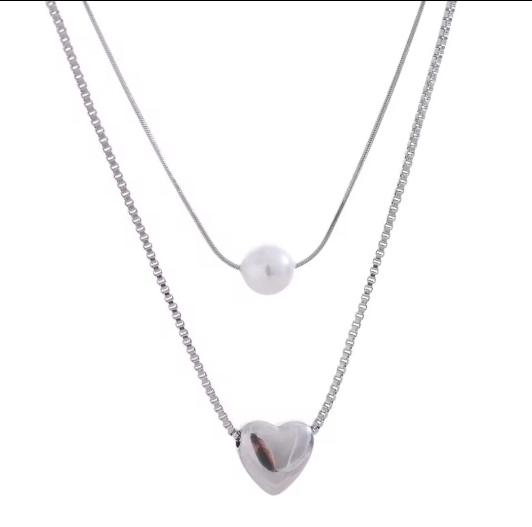 Double Layer Heart with Peal Necklace