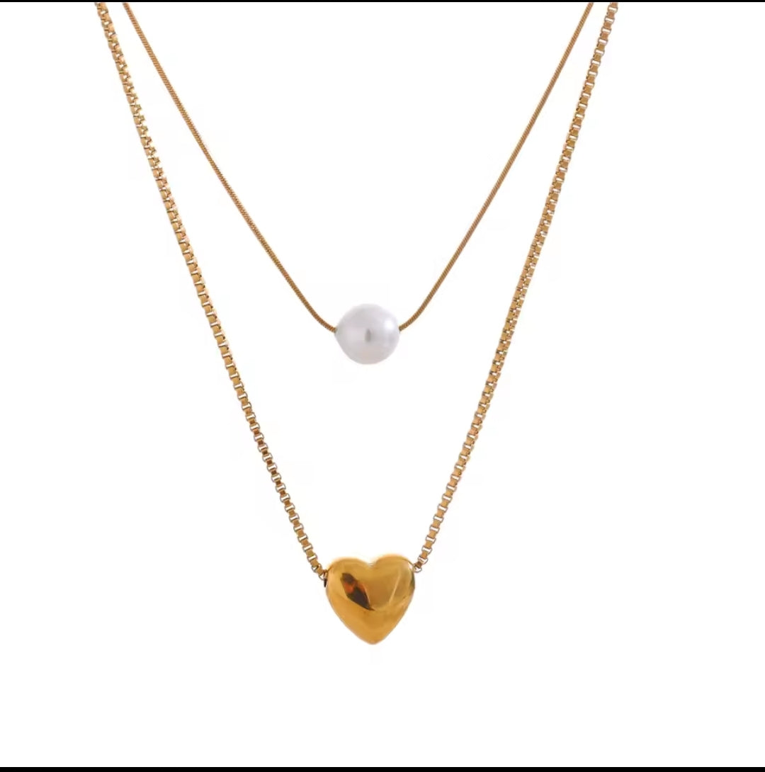 Double Layer Heart with Peal Necklace
