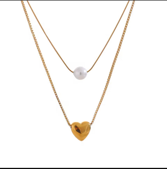 Double Layer Heart with Peal Necklace